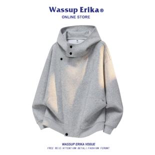 WASSUP ERIKA美式潮牌斜开衫解构连帽卫衣男款秋季复古设计感外套