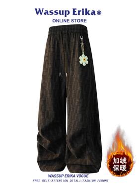 WASSUP ERIKA小香风格子长裤男秋冬季加绒直筒休闲裤脏脏黑色裤子