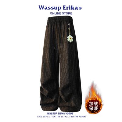 WASSUP ERIKA小香风格子长裤男秋冬季加绒直筒休闲裤脏脏黑色裤子