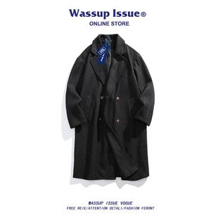 WASSUP ISSUE韩系潮牌风衣外套男款春秋季宽松休闲情侣毛呢大衣男
