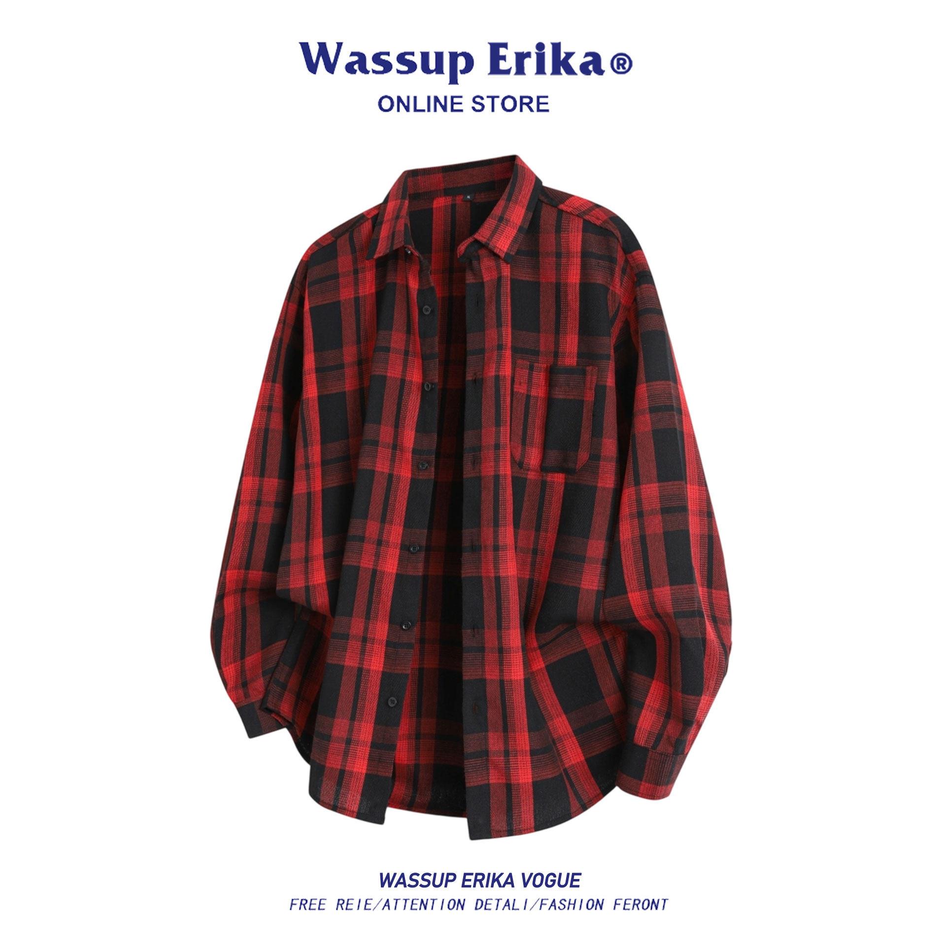 WASSUP ERIKA2025新品红色格子长袖衬衫男女款春秋季港风衬衣上衣