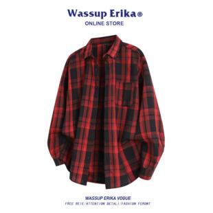 WASSUP ERIKA2025新品红色格子长袖衬衫男女款春秋季港风衬衣上衣