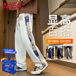 NASA联名中国风裤子男春秋季新款小熊刺绣拼接直筒卫裤夏季休闲裤