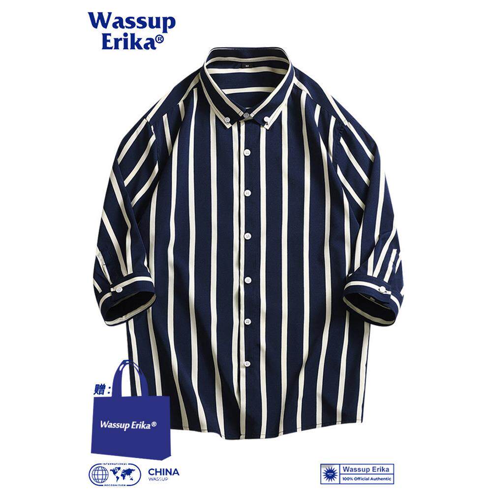 WASSUP ERIKA夏季薄款短袖衬衫男休闲七分袖衬衣高级感条纹打底衫