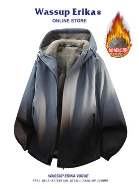 WASSUP ERIKA美式渐变加绒工装外套男款秋冬新款拼接复古连帽夹克
