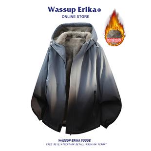 WASSUP ERIKA美式渐变加绒工装外套男款秋冬新款拼接复古连帽夹克