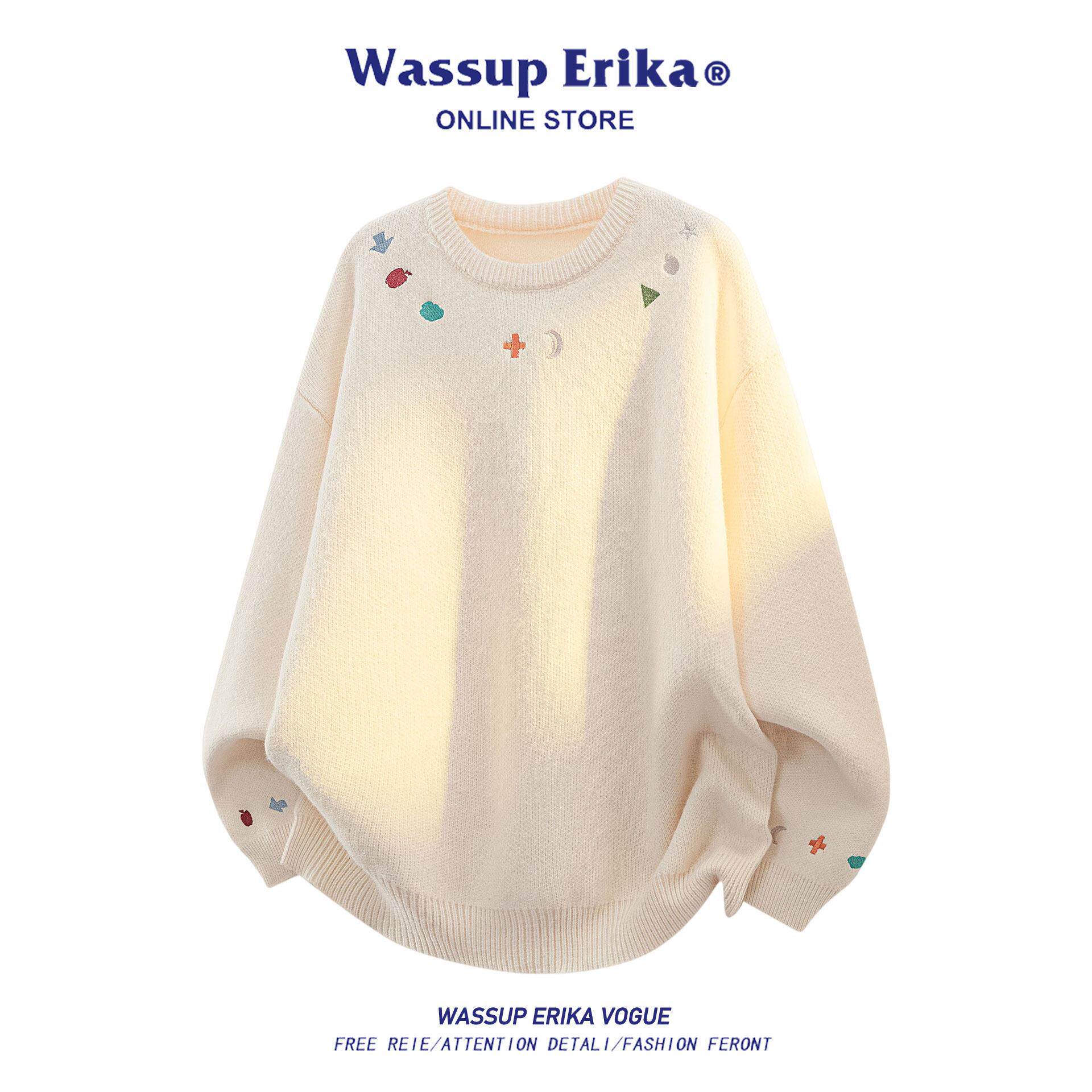 WASSUP ERIKA韩系彩色马海毛圆领毛衣男装秋冬新款情侣款宽松线衣