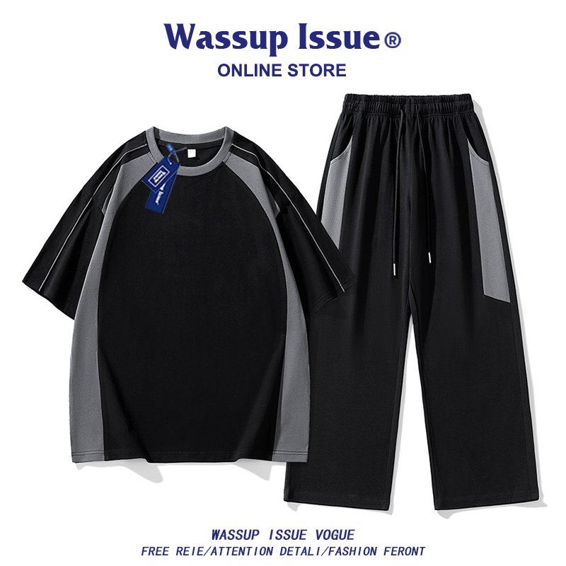 WASSUP ISSUE美式潮流圆领上衣男款夏季高级感痞帅短袖裤子套装男