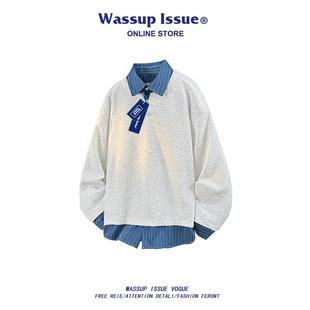WASSUP ISSUE美式复古假两件衬衫领卫衣男款春秋宽松POLO衫外套男