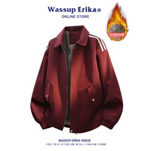 WASSUP ERIKA美式红色条纹加绒外套男秋冬新款加厚保暖翻领夹克女