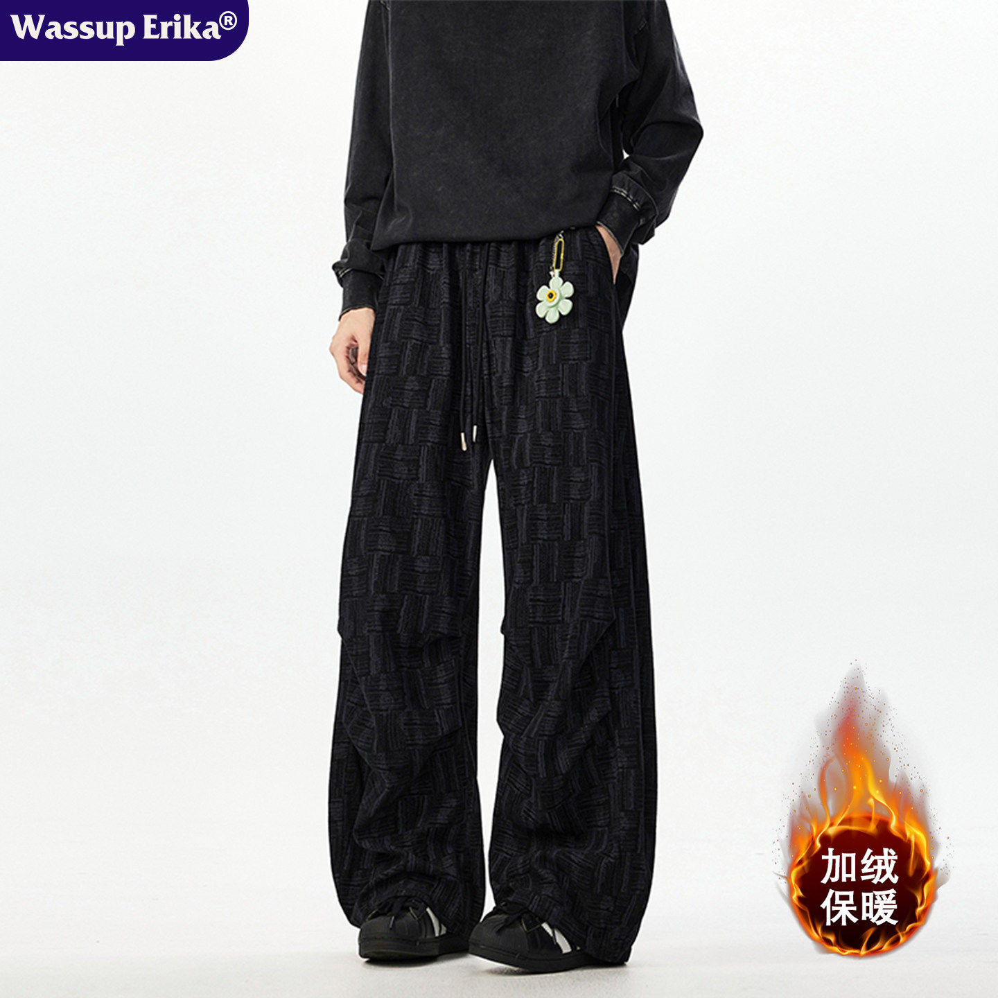 WASSUP ERIKA美式加绒黑色裤子男款冬季直筒休闲裤脏脏风格纹长裤,男装,休闲裤,淘宝优惠券,粉丝福利购,淘宝优惠卷