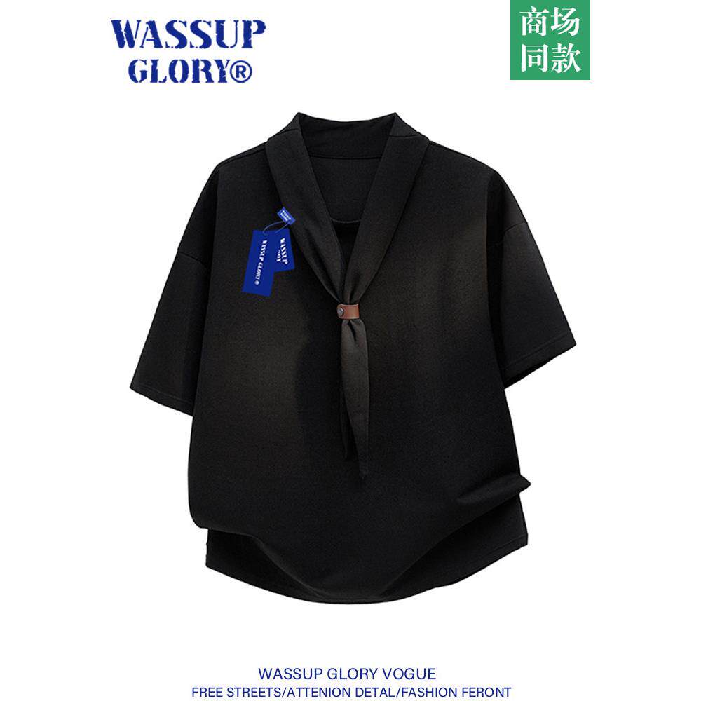 WASSUP GLORY领带t恤男夏季2025新款高级感痞帅v领上衣短袖体恤衫