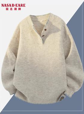 NASAB-EARE美式羊毛针织衫男女秋冬季慵懒亨利领毛衣情侣套头外套