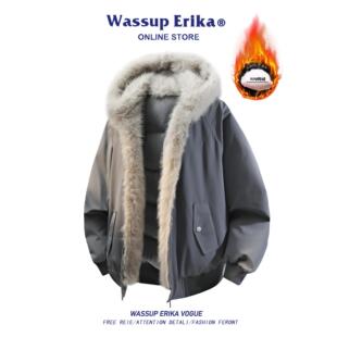 WASSUP ERIKA羽绒服男冬季加厚美式情侣毛领鸭绒服灰色座山雕外套