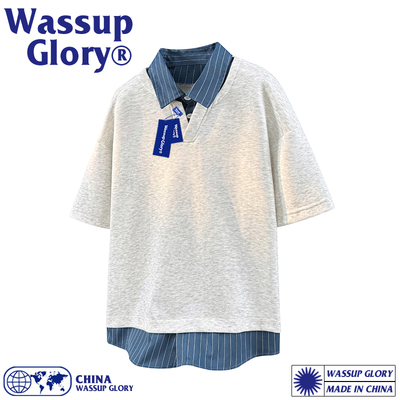WASSUP GLORY假两件短袖t恤男2025新款学院风痞帅宽松翻领POLO衫