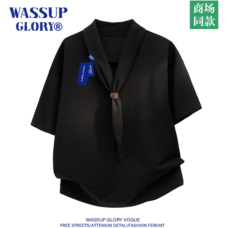 WASSUP GLORY领带t恤男夏季2025新款高级感痞帅v领