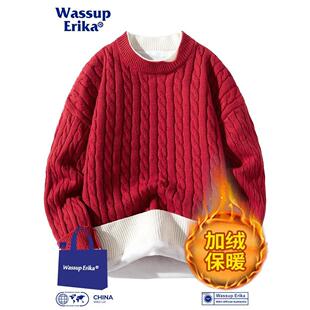 WASSUP ERIKA美式假两件红色毛衣男冬季内搭圆领针织衫打底毛线衣