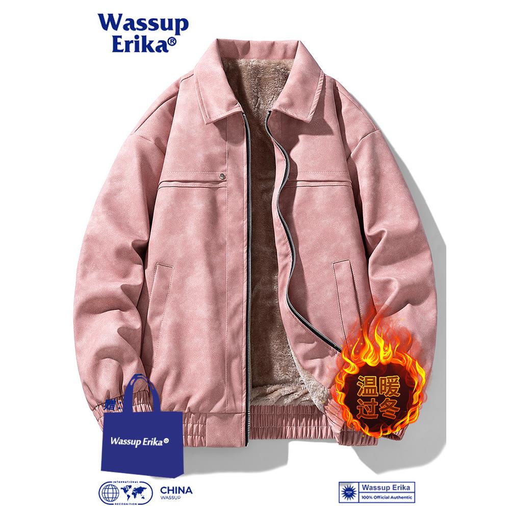 WASSUP ERIKA日系粉色加绒皮衣男冬季保暖翻领皮夹克街头机车外套