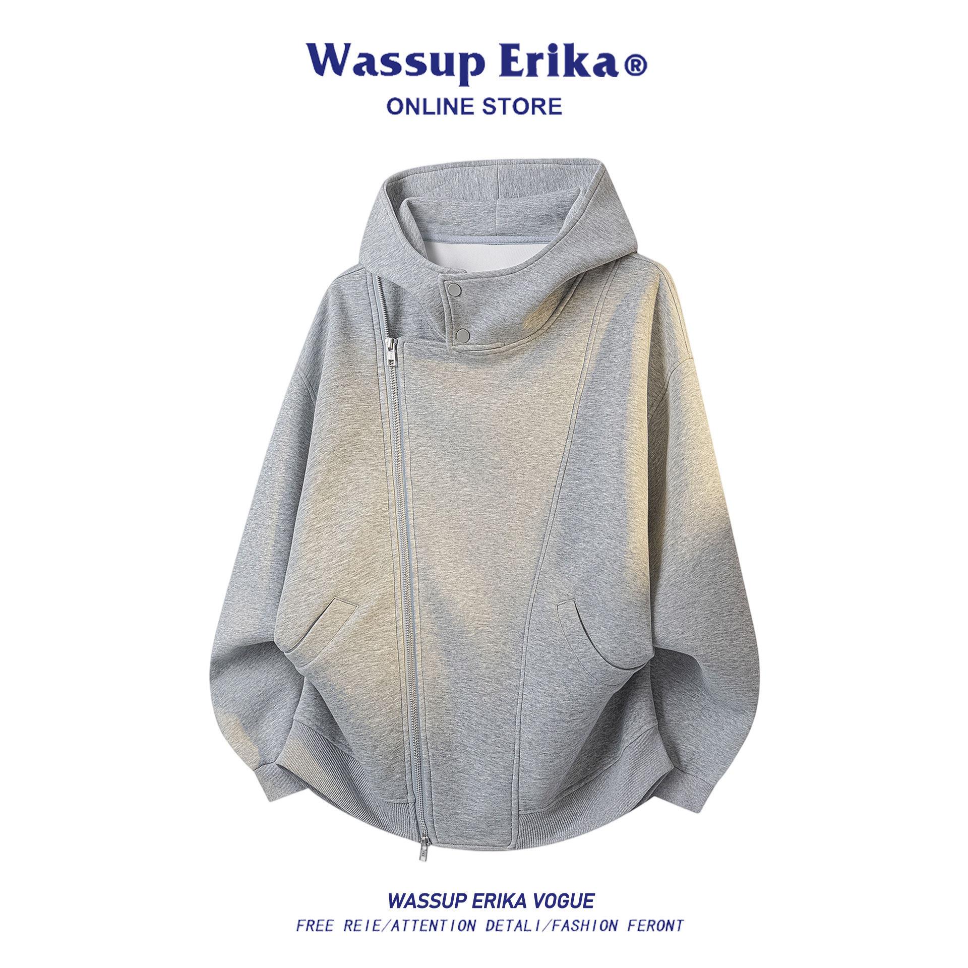 WASSUP ERIKA解构拼接不规则拉链卫衣男2025春秋痞帅宽松开衫外套