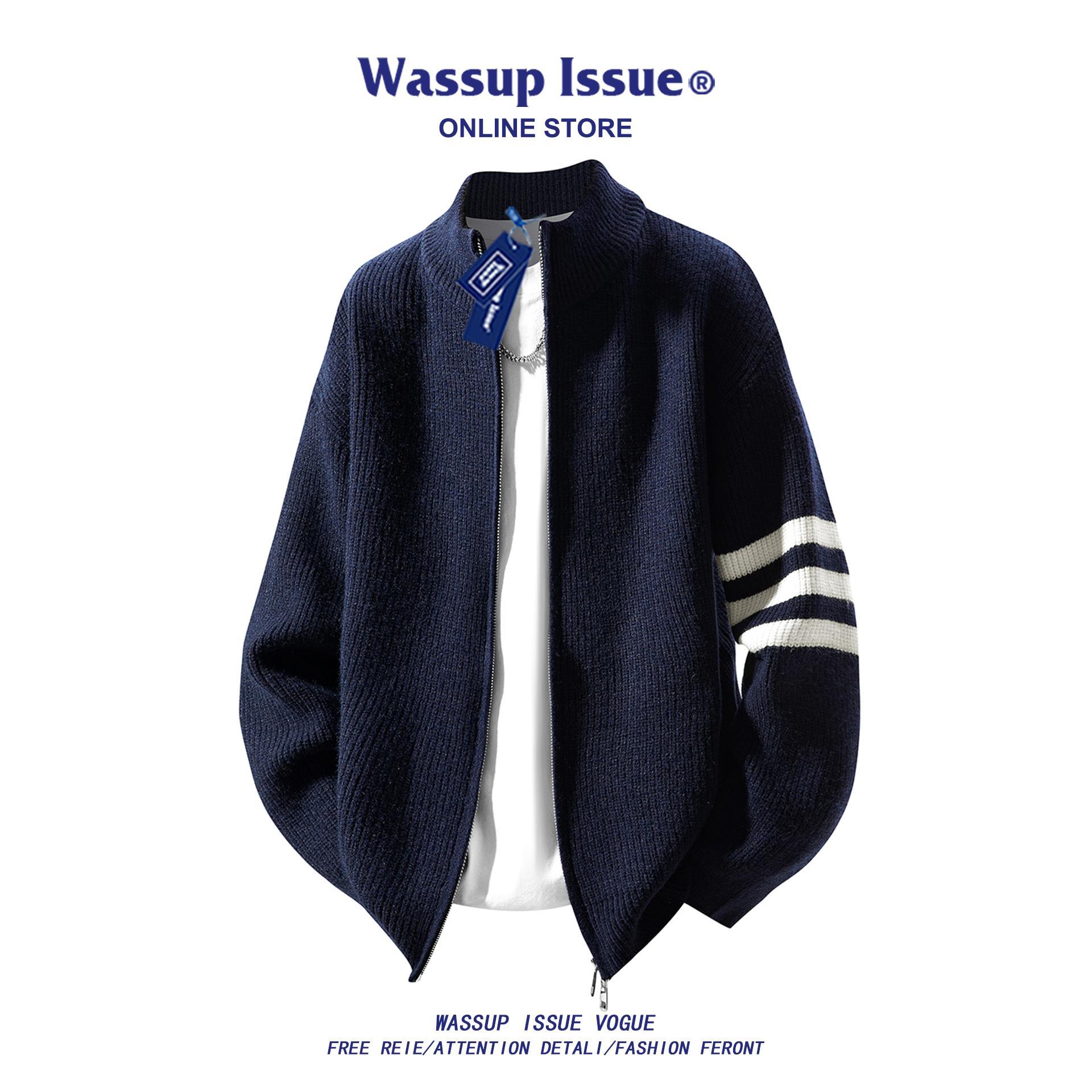 WASSUP ISSUE双拉链简约纯色针织毛衣男秋冬季休闲情侣开衫外套男