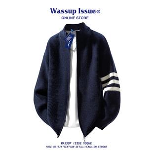 外套男 休闲情侣开衫 WASSUP ISSUE双拉链简约纯色针织毛衣男秋冬季