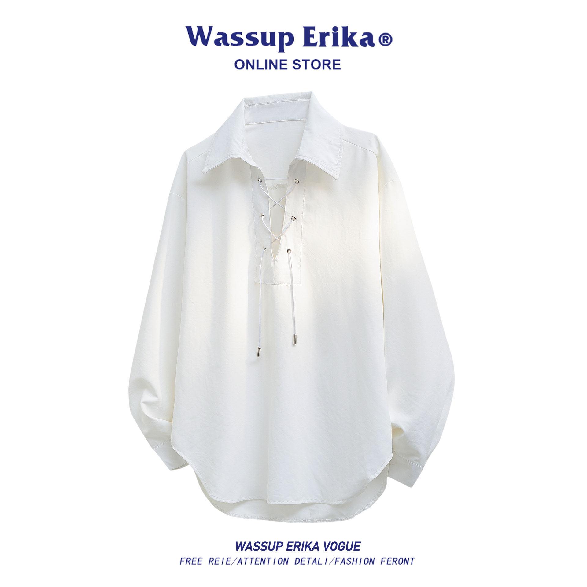 WASSUP ERIKA美式白色宽松休闲衬衣男女款春秋季拼接系带长袖衬衫