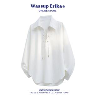 WASSUP ERIKA美式白色宽松休闲衬衣男女款春秋季拼接系带长袖衬衫