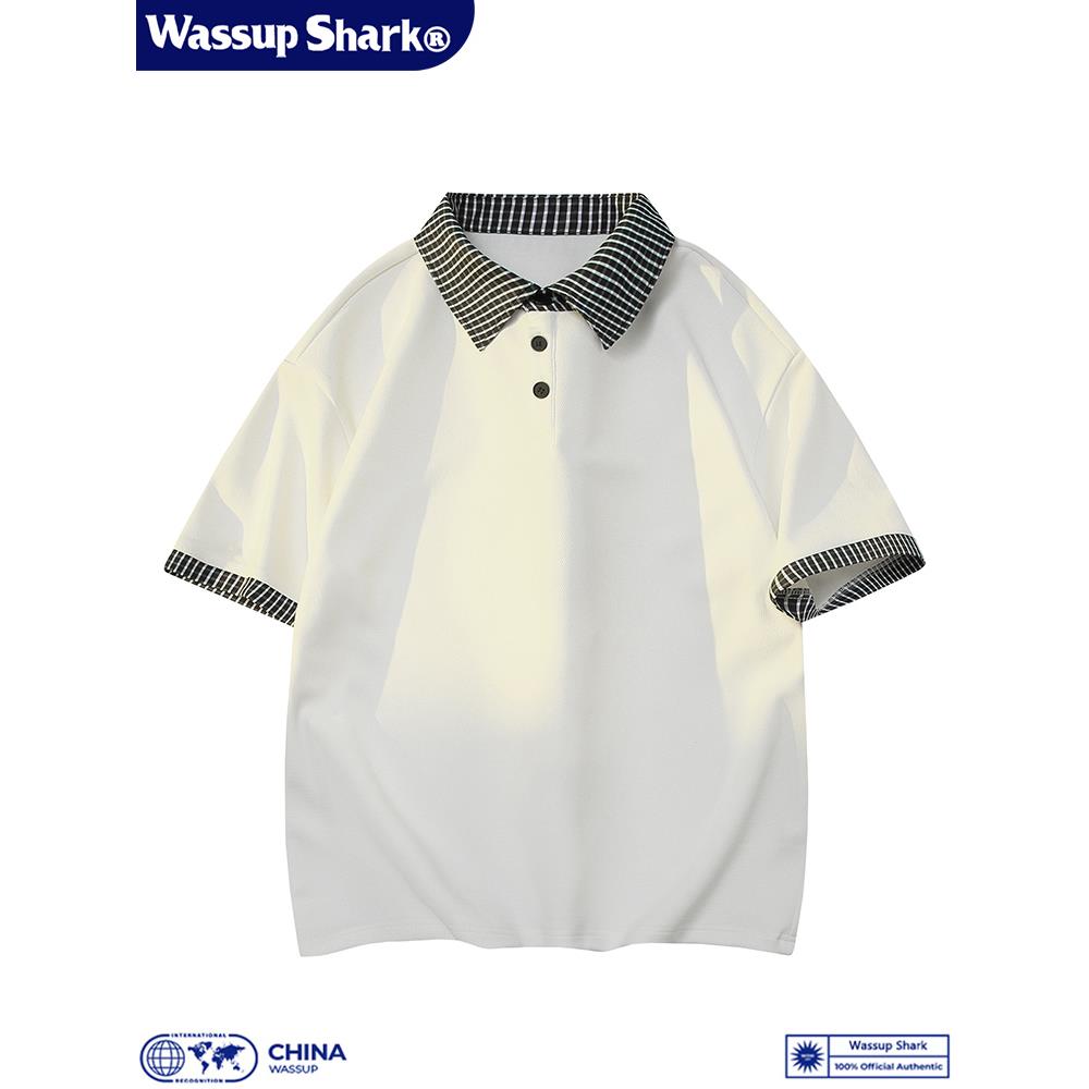 Wassup Shark复古格子领拼接短袖polo衫男夏季宽松大码上衣T恤潮
