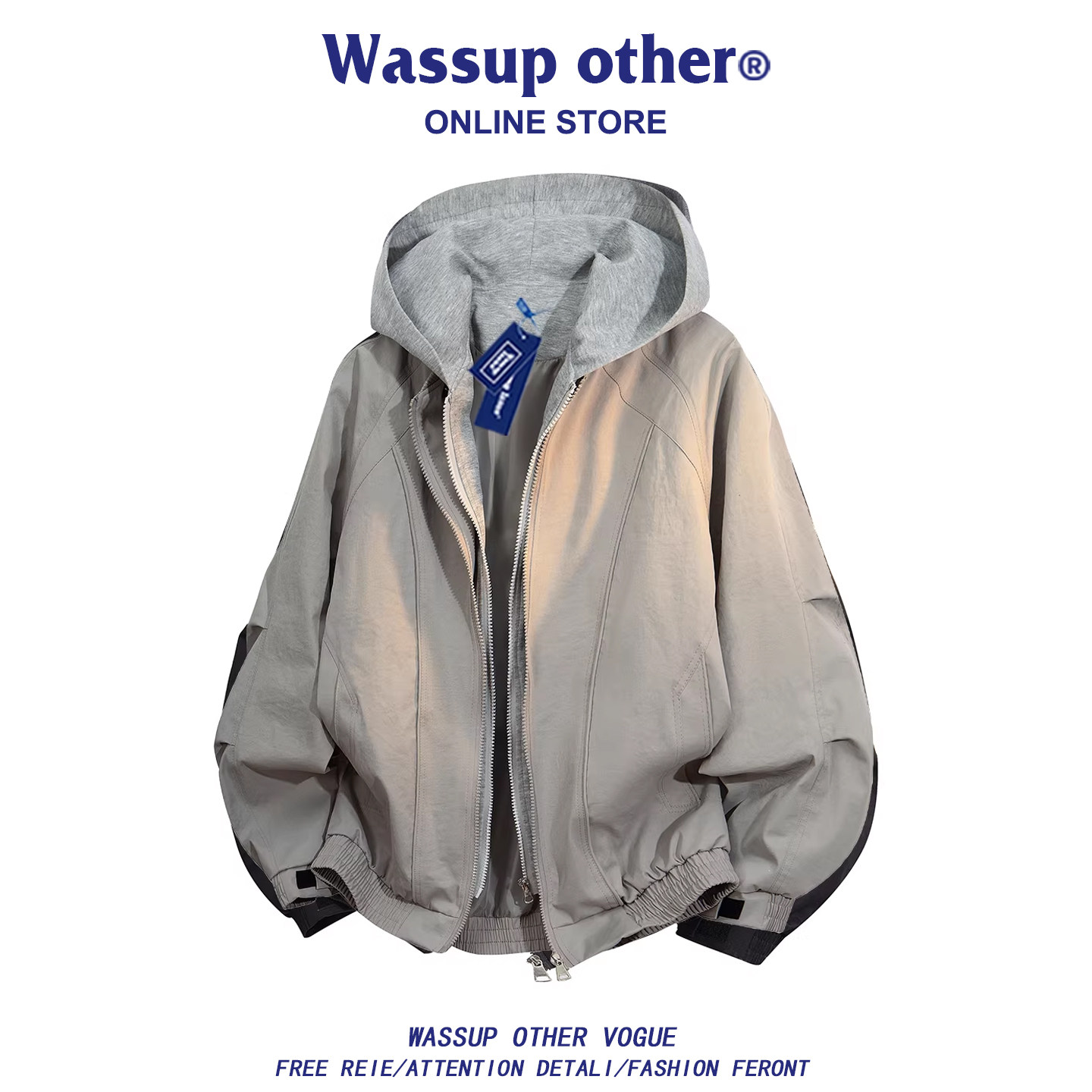 WASSUP OTHER美式假两件连帽夹克男春秋季休闲外套工装棒球服男款