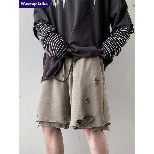 WASSUP ERIKA美式潮牌裤子男士潮流多层破洞休闲短裤夏季五分裤男