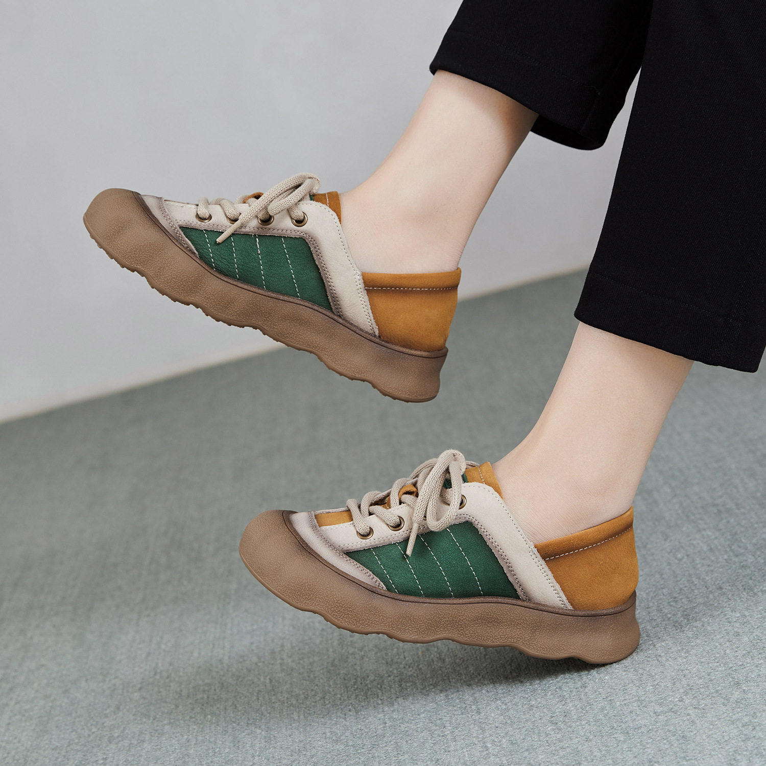 头层牛皮休闲丑萌板鞋女2026春季新款时尚个性拼色系带平底单鞋,女鞋,时尚休闲鞋,淘宝优惠券,粉丝福利购,淘宝优惠卷