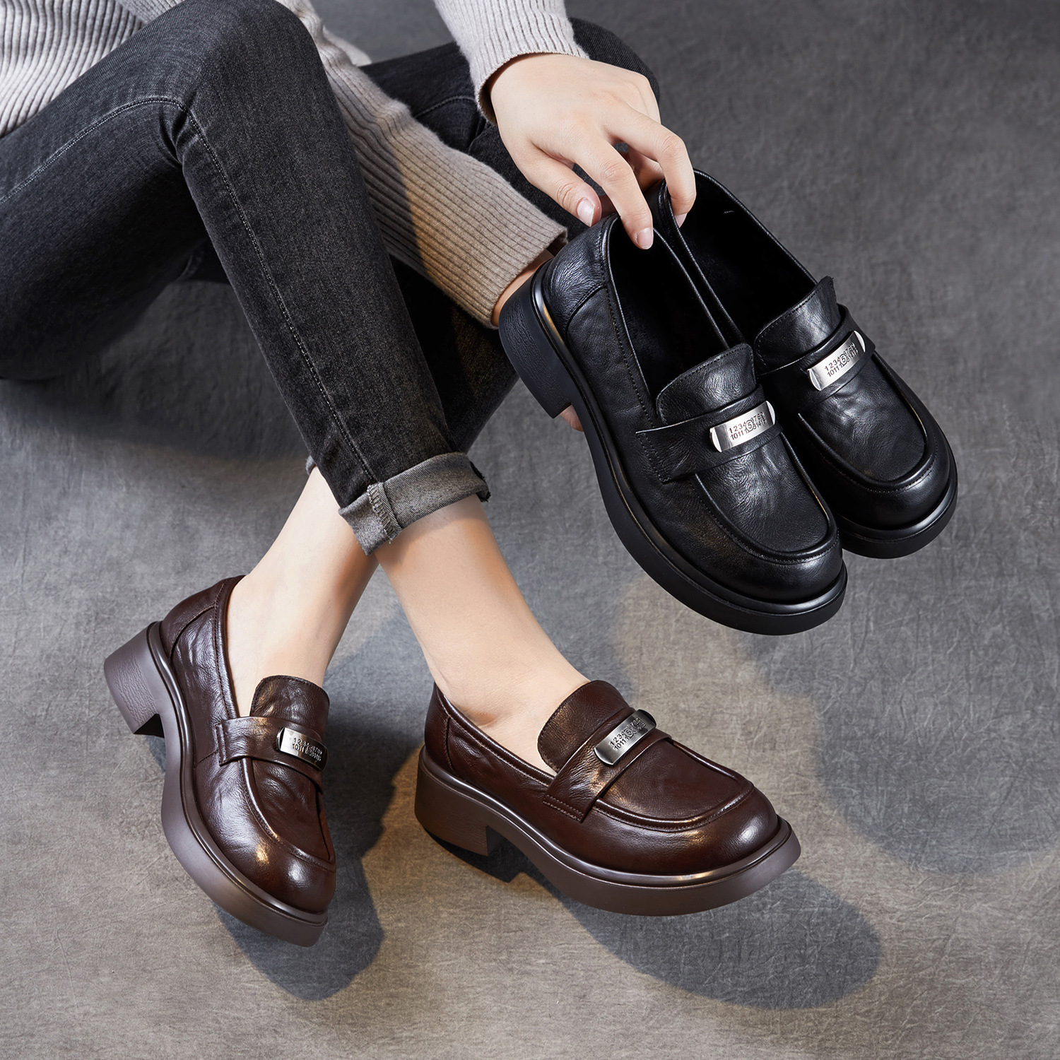 真皮厚底加绒乐福鞋女秋冬季2025新款一脚蹬单鞋英伦风轻奢小皮鞋