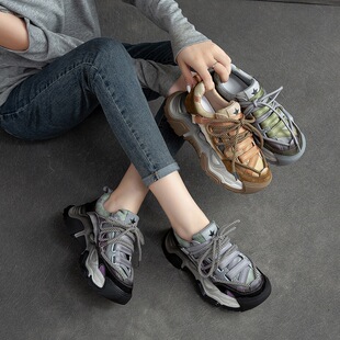 炸街牛皮厚底老爹鞋女款2026年新款秋爆款鞋子欧货女鞋休闲运动鞋