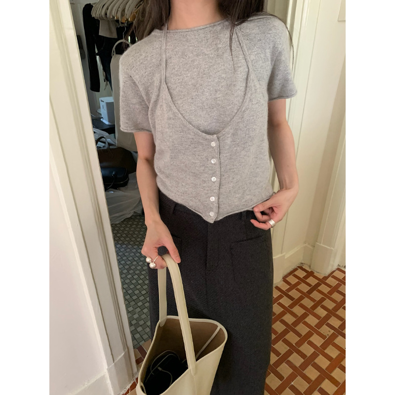 bluepops2024秋季新款韩版宽松圆领短袖针织衫+挂脖背心女两件套