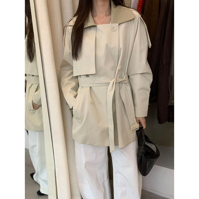 元派bluepops2025秋季新款韩版撞色翻领中长款风衣廓形腰带外套女
