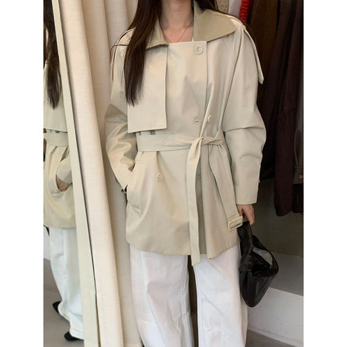 元派bluepops2025秋季新款韩版撞色翻领中长款风衣廓形腰带外套女
