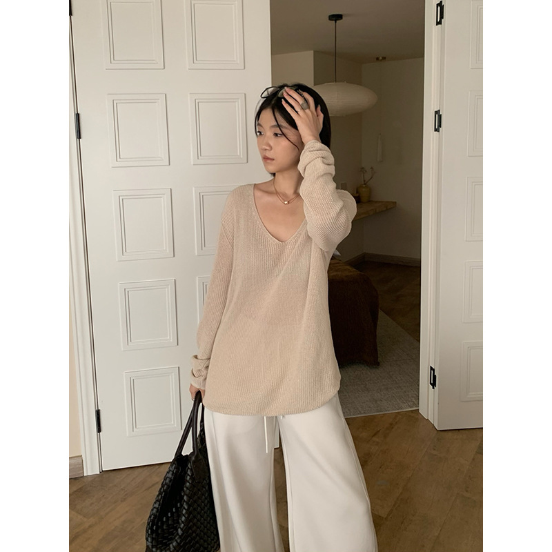 元派bluepops2025秋季新款韩简约慵懒风宽松羊毛V领针织衫女上衣