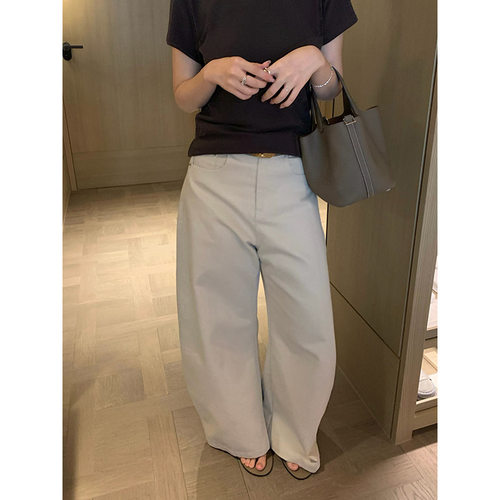 元派bluepops2025秋季新款休闲百搭弯刀裤高腰水洗棉阔腿裤女