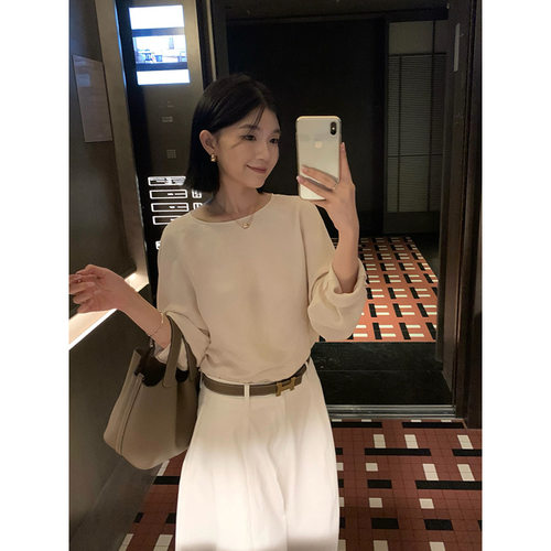 元派bluepops2025秋季新款韩版极简风天丝宽松圆领露背T恤女上衣