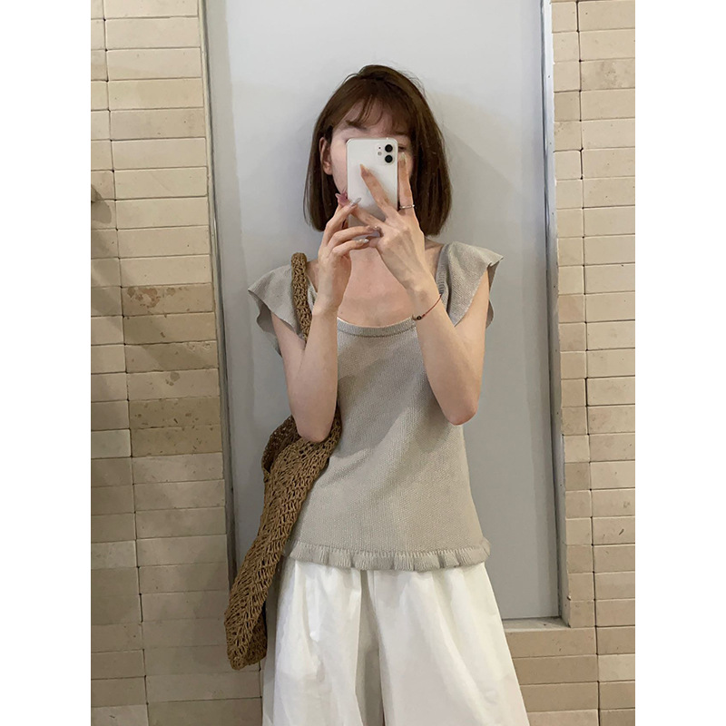 bluepops2025夏季新款韩版修身甜美风舒适亚麻小飞袖针织衫女上衣