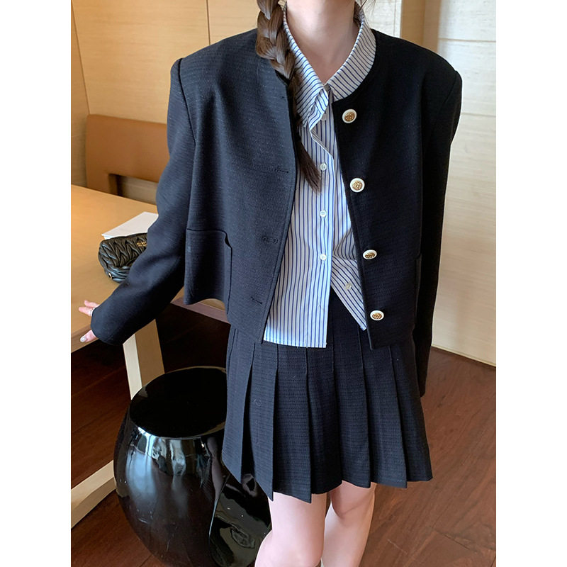bluepops2024春季新款韩版千金风圆领小西装+百褶短裙套装女