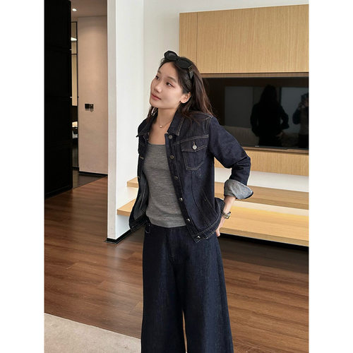 元派bluepops2025秋季新款港风复古短款牛仔外套宽松翻领夹克女