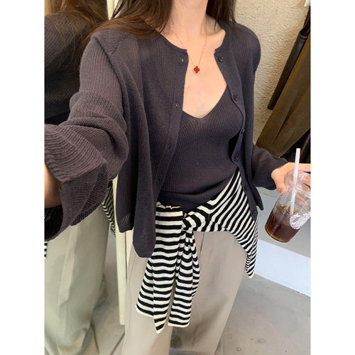 元派bluepops2025秋新款休闲螺纹针织背心+单排扣开衫套装女上衣
