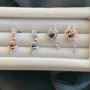 韩国制爱心锁钥匙耳钉女黑钻锆石合金小众设计感百搭耳骨钉耳蜗钉