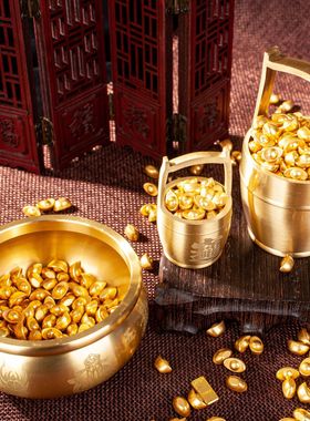 2026年新款聚宝盆黄铜米缸五福聚宝盆加小元宝金条一桶金百福缸