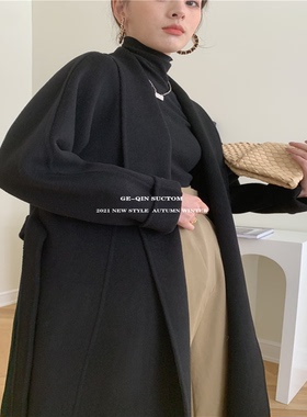 2025秋冬新款黑色慵懒风双面羊绒大衣女长款高端宽松羊毛呢外套