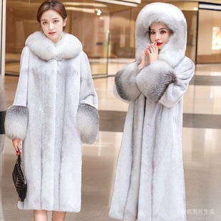 银十字貂丹麦水貂皮大衣女款整貂长款外套连帽天鹅绒海宁水貂皮草