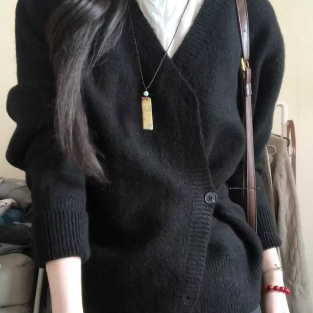 慵懒风黑色针织开衫女早秋显瘦