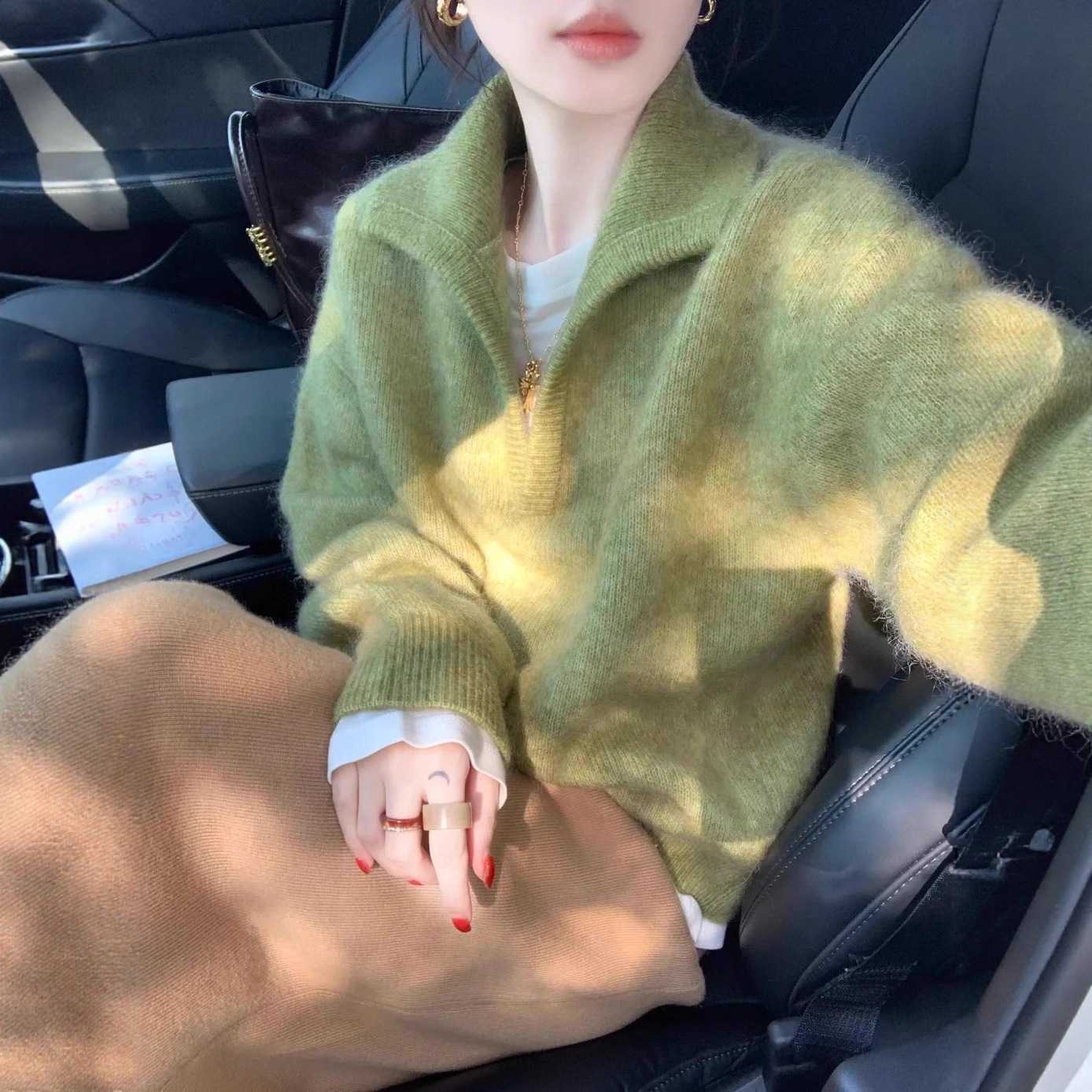 欧货老钱风绿色套头毛衣女秋冬