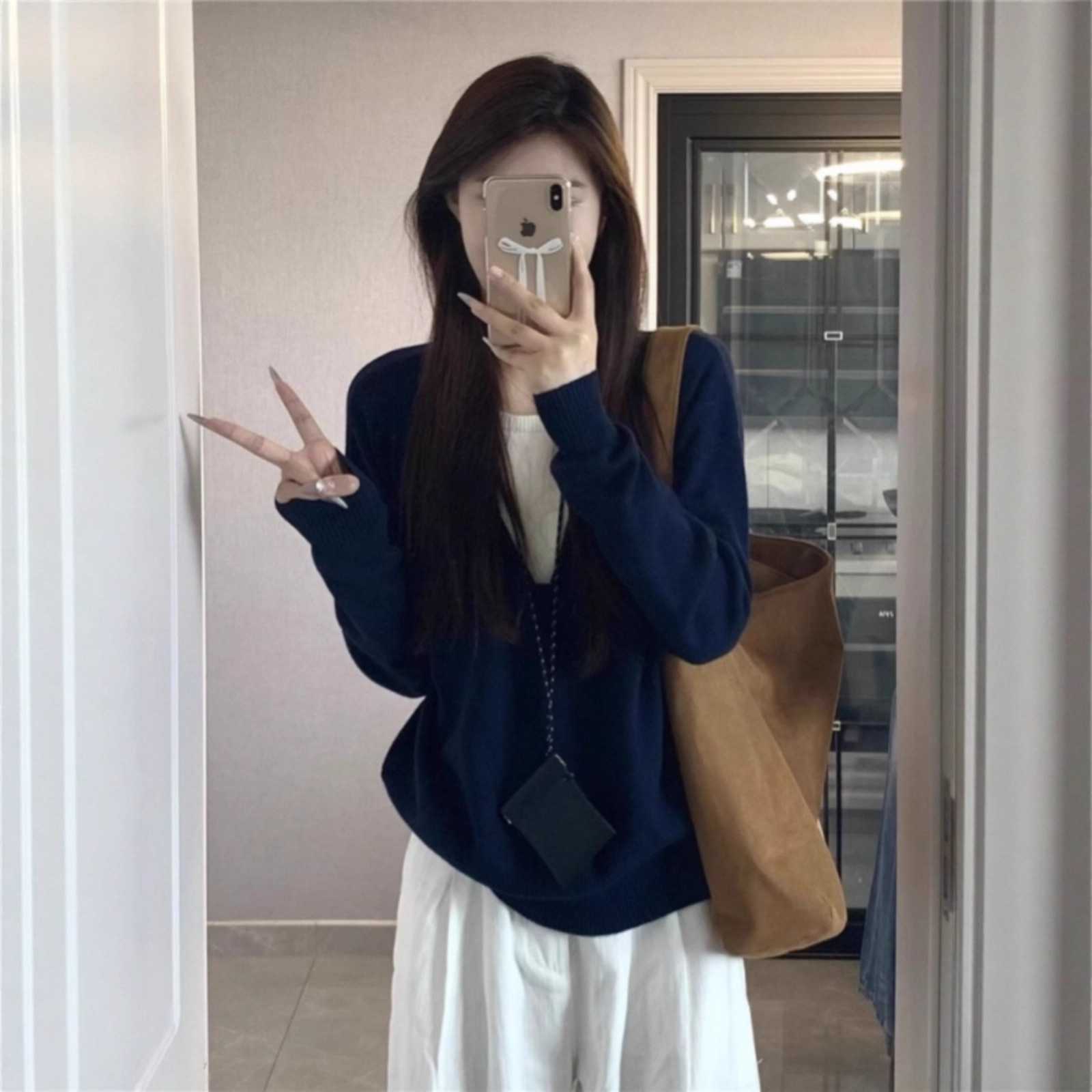 韩系高级感藏蓝色假两件慵懒风女
